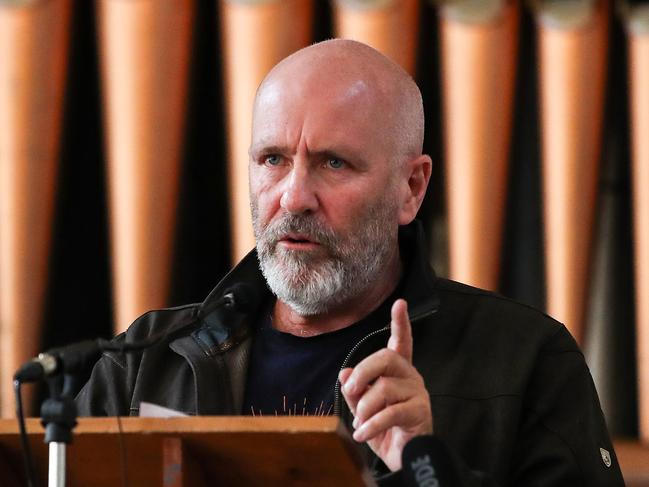 Richard Flanagan speaks at the Stop the Salmon Sea Grab public meeting at Town Hall. Picture: Zak Simmonds