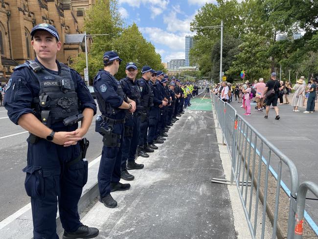 Police outside St Mary's Cathedral Sydney today. Picture: Nicholas Eagar