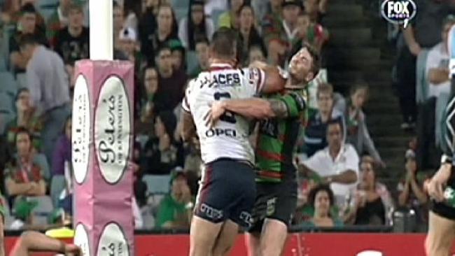 SCREENGRAB Jared Waerea-Hargreaves elbows South's Chris McQueen in the 69th minutes of round 26th game at ANZ Stadium.