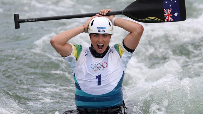 A look of delight crosses the face of Jess Fox after her gold medal performance. Picture: Alex Davidson/Getty Images