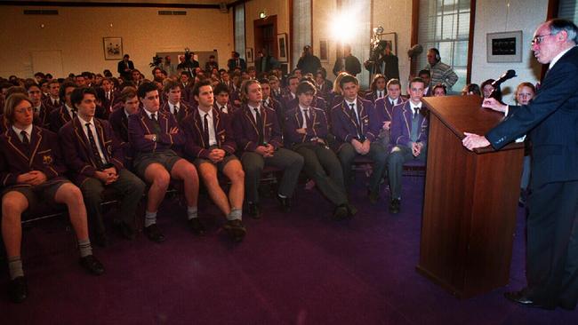 Then opposition leader John Howard addresses students at Wesley College.