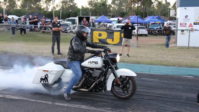 Gladstone's Mark Harris broke into the 9 second times on his Alpha Performance Engines powered Harley Davidson bagger. Picture: Rodney Stevens