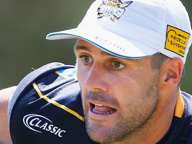 GOLD COAST, AUSTRALIA - MARCH 14:  Michael Gordon runs the ball during a Gold Coast Titans NRL training session at Parkwood on March 14, 2018 in Gold Coast, Australia.  (Photo by Jason O'Brien/Getty Images)