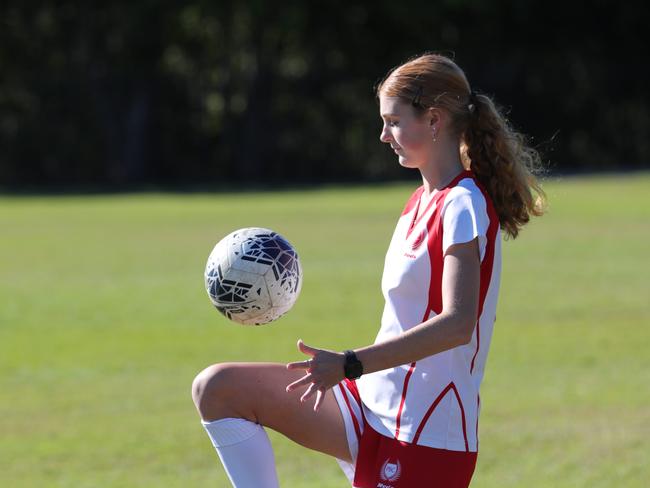 Palm Beach Currumbin's girls soccer team to plug our live streaming. Savannah Sproule 17 at training. Picture Glenn Hampson