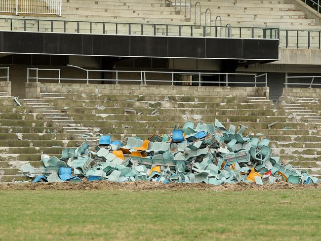 The seats having been ripped out of a grand stand. Picture: Justin Sanson