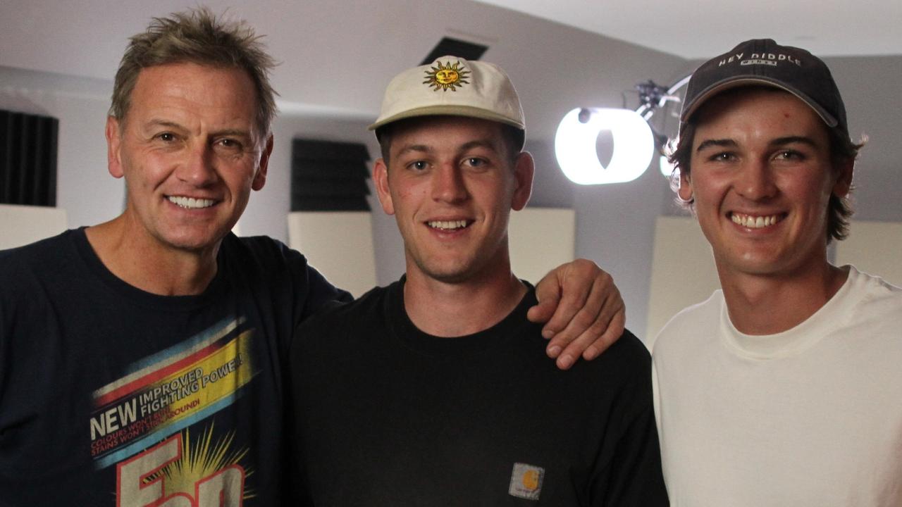 Mark Soderstrom with Port Adelaide players Zak Butters and Connor Rozee for The Soda Room podcast. Picture: Supplied