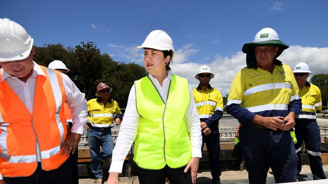 TOWNSVILLE , AUSTRALIA - NewsWire Photos - OCTOBER 21, 2020. Queensland Premier Annastacia Palaszczuk and member for Townsville Scott Stewart (left) visit a Bruce Highway upgrade construction site, south of Townsville, while on the election campaign trail. Queenslanders go to the polls on October 31. Picture: NCA NewsWire / Dan Peled