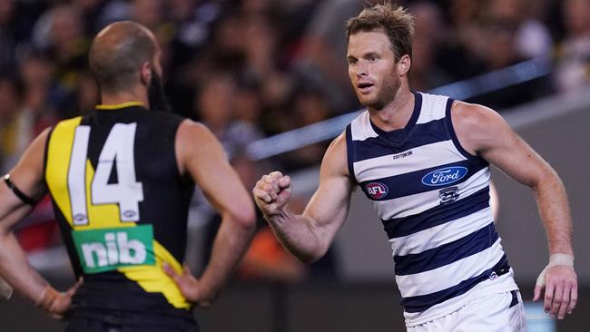 Lachie Henderson celebrates a goal during the 2019 Preliminary Final. AAP Image/Michael Dodge