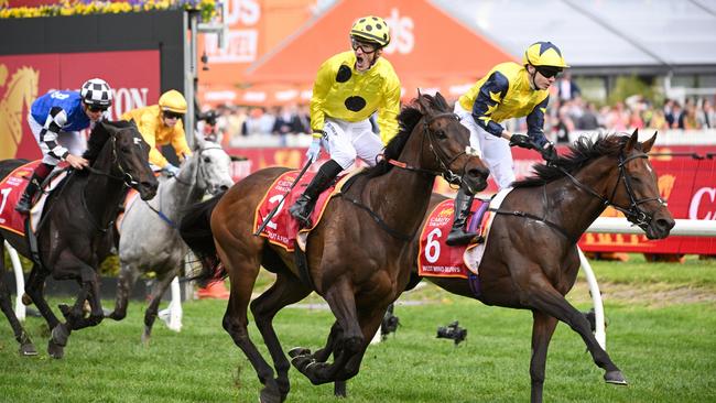 Mark Zahra wins the 2023 Caulfield Cup aboard Without A Fight, who he’ll also ride in Tuesday’s Melbourne Cup. Picture: Getty Images