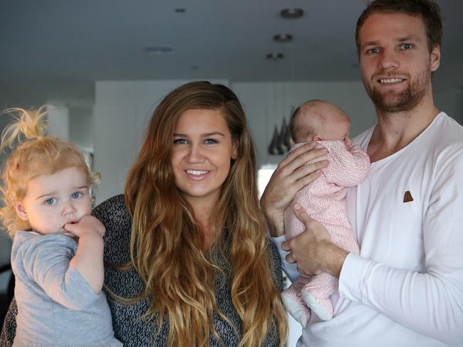 Jake Stringer and former partner Abby Gilmore with daughters Milla and Arlo. Picture: Wayne Ludbey