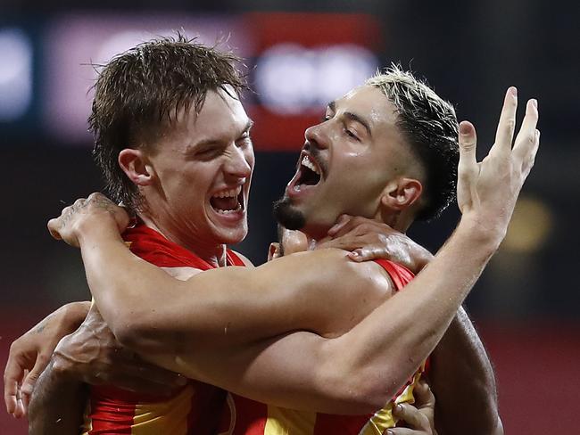 *APAC Sports Pictures of the Week - 2020, July 13* - SYDNEY, AUSTRALIA - JULY 11: Izak Rankine of the Suns celebrates after kicking his first AFL goal during the round 6 AFL match between the Melbourne Demons and the Gold Coast Suns at GIANTS Stadium on July 11, 2020 in Sydney, Australia. (Photo by Ryan Pierse/AFL Photos/via Getty Images)