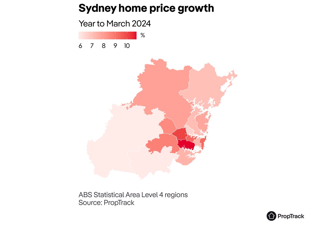 Home price rises across Sydney over the year to April 2024. Source: PropTrack