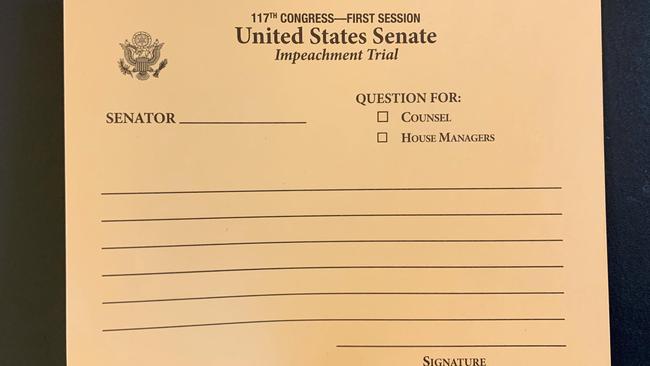 The card on which senators present their questions to each side. Picture: CNN.