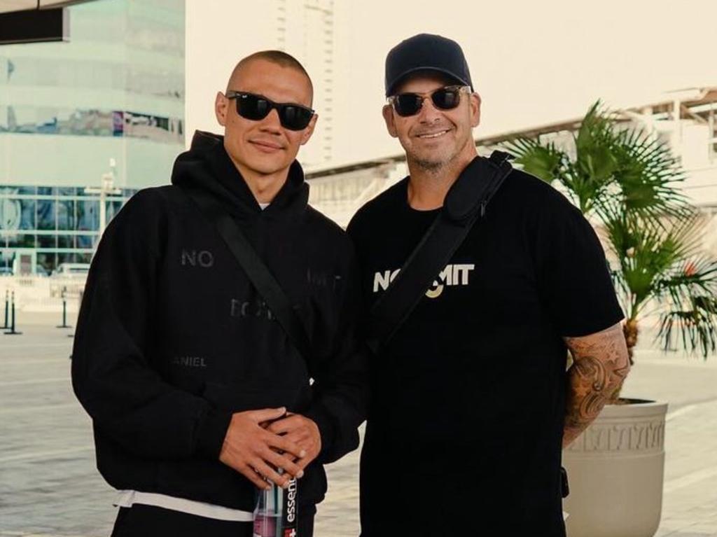 Tim Tszyu with his cutman Mark Gambin in Las Vegas.