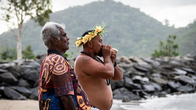 Uncle Peter Hyde and Johnathon Vemoa close the blessing ceremony Picture: Emily Barker