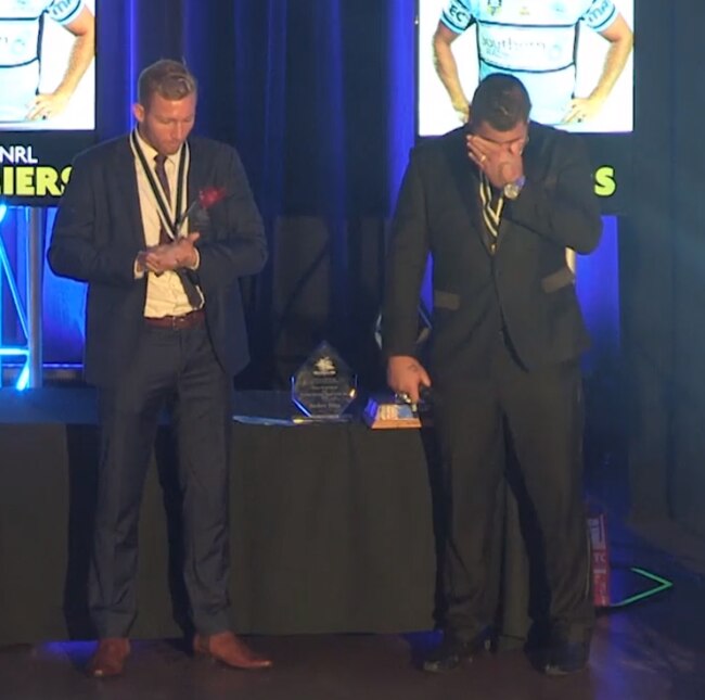 Andrew Fifita gave an emotional speech to teammate Matt Prior at the 2016 Sharks presentation night.