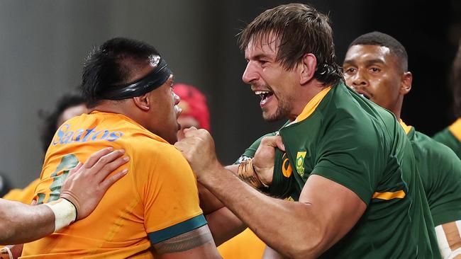 South Africa’s Eben Etzebeth and Allan Alaalatoa square-up in the clash at Allianz Stadium. Picture: Mark Metcalfe/Getty Images