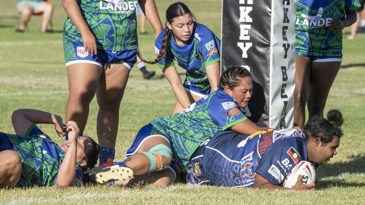 Caitlin Lingwoodock scores a try for Emus. 2023 TRL Cultural Cup, Open Womens SW Qld Emus vs Pacific Nations Toowoomba. Saturday, February 25, 2023. Picture: Nev Madsen.