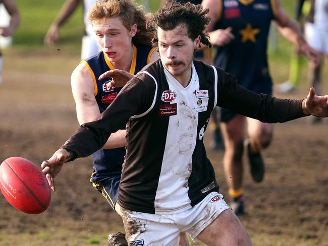 EDFL footy: Essendon Doutta Stars v Craigieburn: Rhys Fynch of Craigieburn (front) contests with Chase Dawson of Doutta StarsSaturday, July 3, 2021, in Essendon, Victoria, Australia. Picture: Hamish Blair