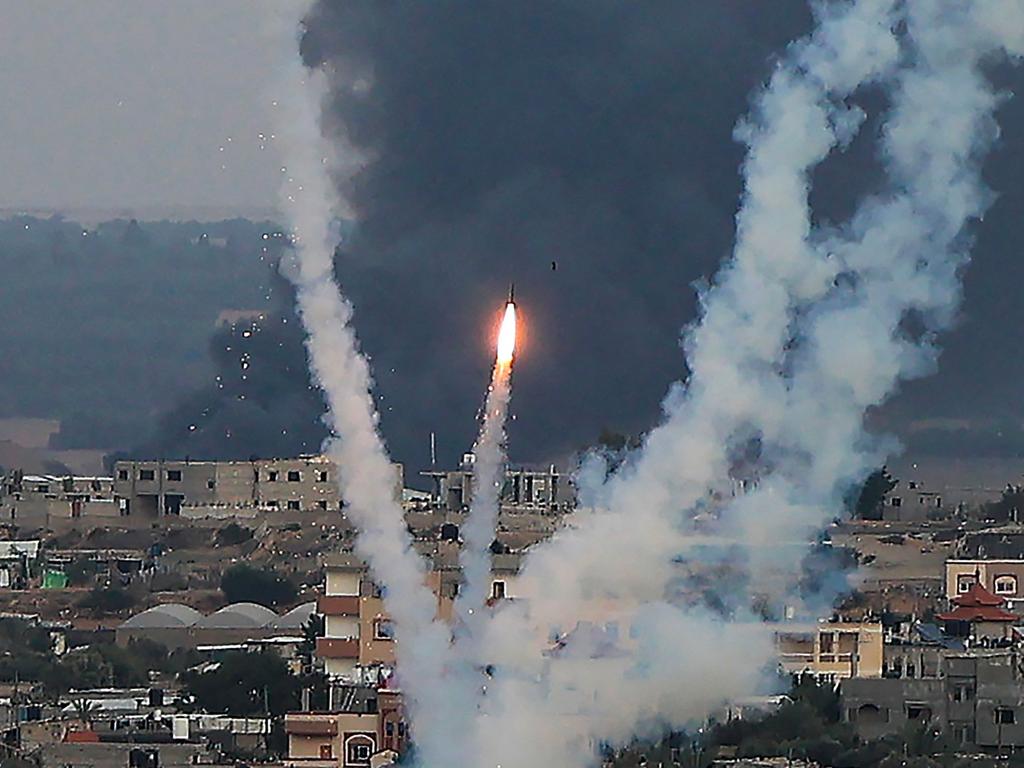 Palestinian militants fire rockets towards Israel from Rafah, southern Gaza Strip. Picture: AFP