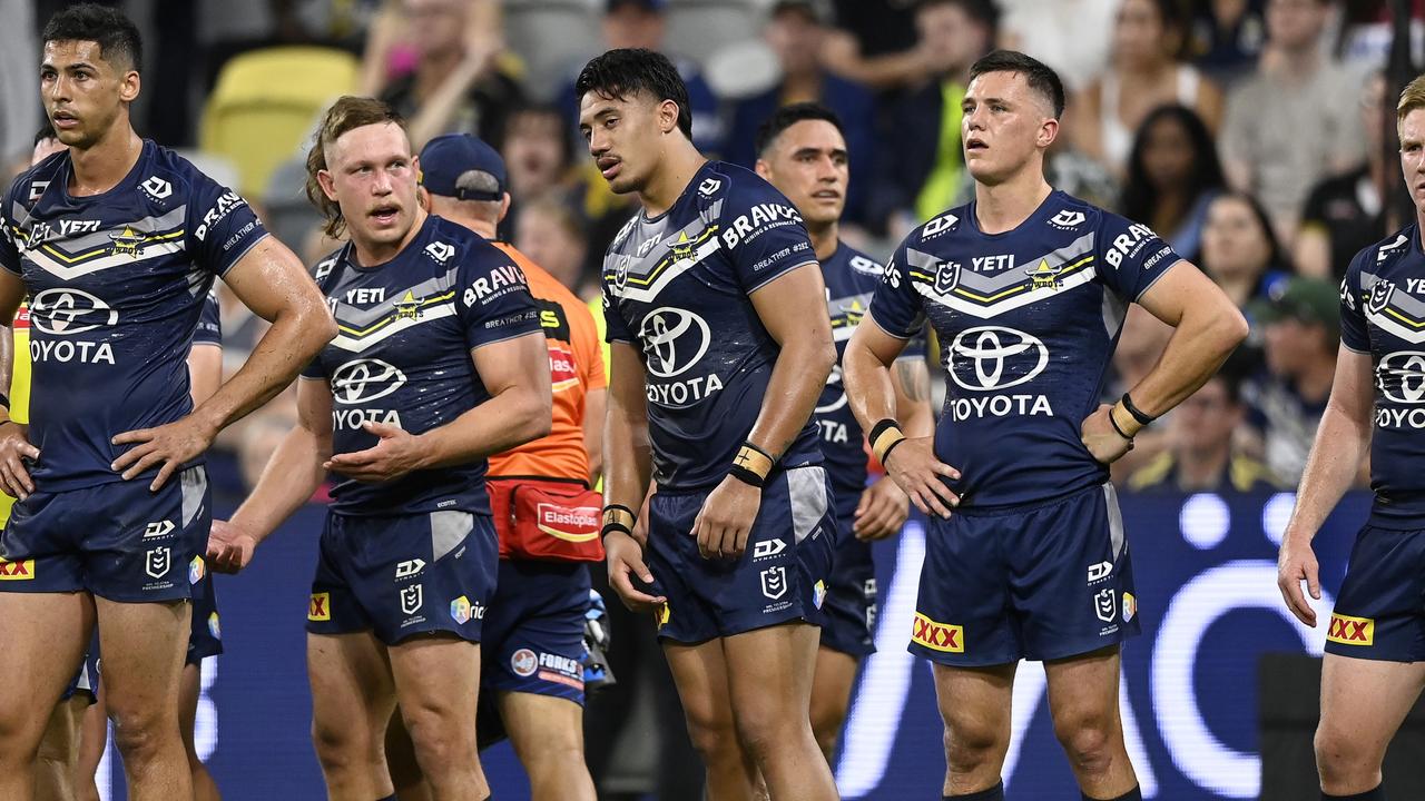 TOWNSVILLE, AUSTRALIA - SEPTEMBER 14: Cowboys players look on after a Knights try during the NRL Qualifying Final match between North Queensland Cowboys and Newcastle Knights at Queensland Country Bank Stadium on September 14, 2024 in Townsville, Australia. (Photo by Ian Hitchcock/Getty Images)