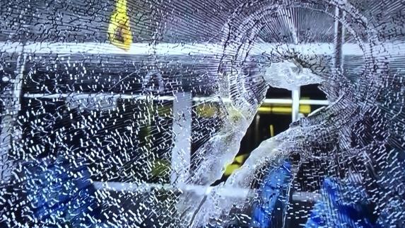 A B-Line double decker bus damaged by projectiles thrown from a road and pedestrian bridge over the Burnt Bridge Creek Deviation at Balgowlah, early on Saturday, November 9, 2024.