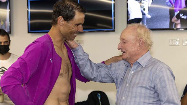 Rafael Nadal of Spain speaks with Rod laver after the men's singles final match.