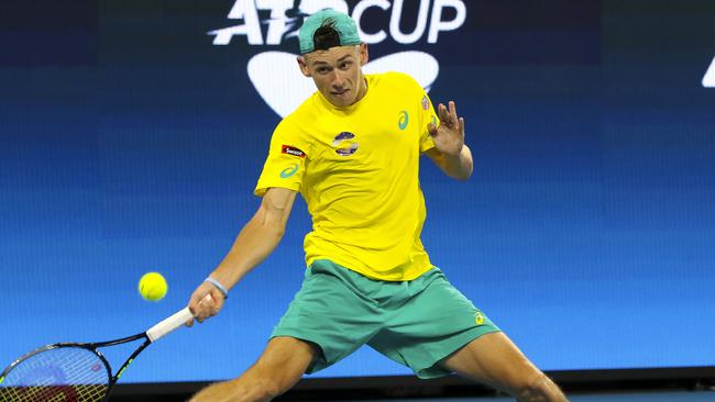 ATP Cup Brisbane at Pat Rafter Arena, Brisbane. Group F (Day 1) Australia vs Germany. Friday 3rd January 2020. Australia winning the round 3:0. Australian Alex de Minaur playing aginst German Alexander Zverev.