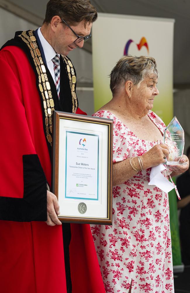 Sue Waters is named Toowoomba Citizen of the Year, pictured with Toowoomba Mayor Geoff McDonald, at the Toowoomba Australia Day celebrations at Picnic Point, Sunday, January 26, 2025. Picture: Kevin Farmer