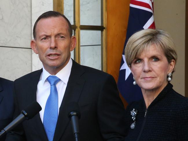 PM Tony Abbott holds a joint press conference with CDF Mark Binskin, Defence Minister Kevin Andrews and Foreign Minister Julie Bishop on Syria at Parliament House in Canberra. PD526405. Picture: Ray Strange.