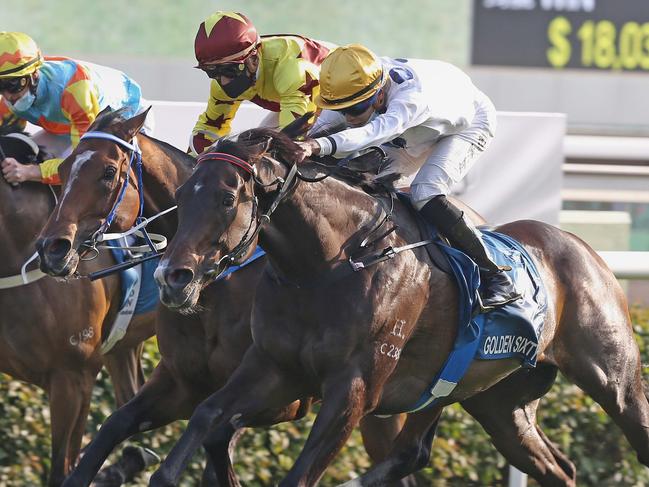 The Francis Lui-trained Golden Sixty (No. 1), ridden by Vincent Ho, takes the G1 Stewards’ Cup (1600m), the opening leg of the Triple Crown, at Sha Tin Racecourse on Sunday. Picture: Hong Kong Jockey Club