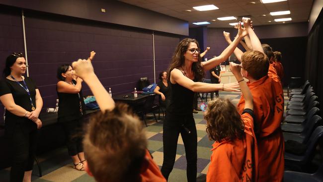 Waters’ team guides students through the moves during the soundcheck. Picture: Lyndon Mechielsen