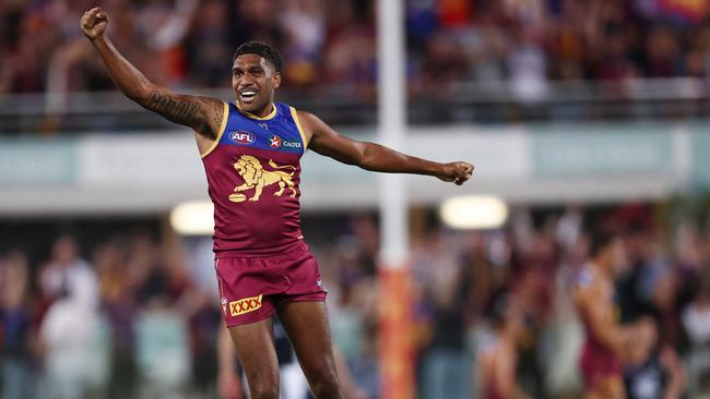 Lions star Keidean Coleman shows his delight after Brisbane’s preliminary final win over Carlton. Picture: Michael Klein.