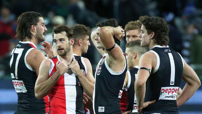 More pain: St Kilda players after the loss to Geelong last weekend.