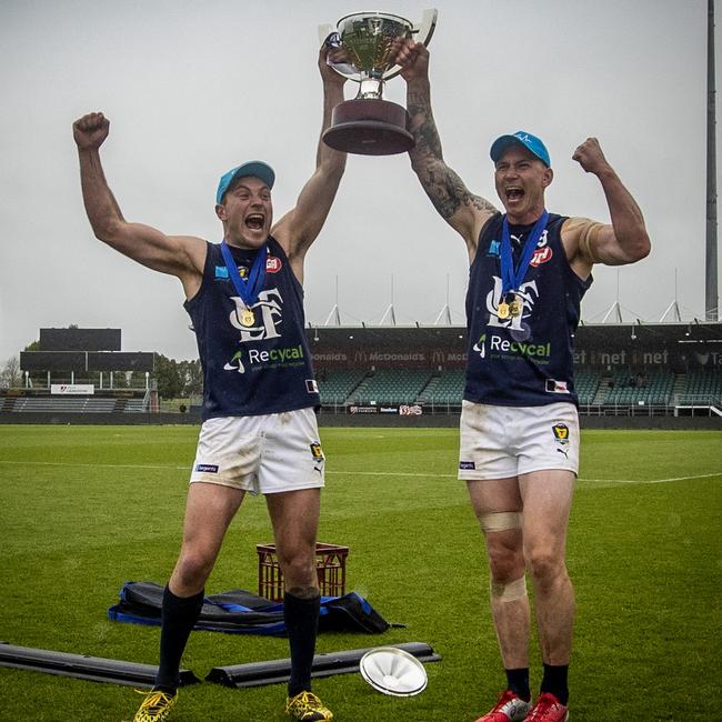 Launceston captain Jobi Harper (left) and playing coach Mitch Thorp celebrate winning the 2020 TSL grand final at UTAS Stadium on Saturday Picture: LUKE BOWDEN