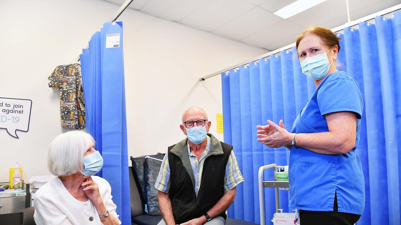 Barbara and Peter Freney received their Covid-19 vaccination at Buderim Marketplace Medical Centre on Thursday by registered nurse Ramona Connie Picture: Patrick Woods.