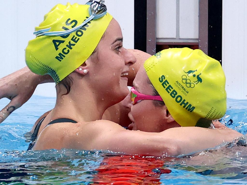 McKeown and Seebohm congratulate each other after both medalling in the 200m backstroke final.