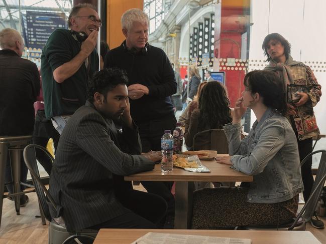 Himesh Patel and Lily James with Danny Boyle and Richard Curtis on the set of Yesterday.