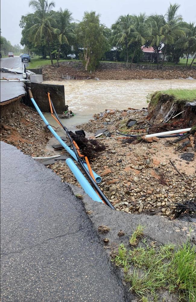 The road near the boat ramp at Hinchinbrook Harbour has crumbled in the North Queensland flooding. Photo from Matt Price via Facebook