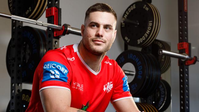 DAILY TELEGRAPH. NRL injury series. Injured Dragons fullback Corey Allan, photographed in the gym at Harold Fraser Oval in Kogarah, after a gym session with the team. Wednesday 07/08/2024. Picture by Max Mason-Hubers