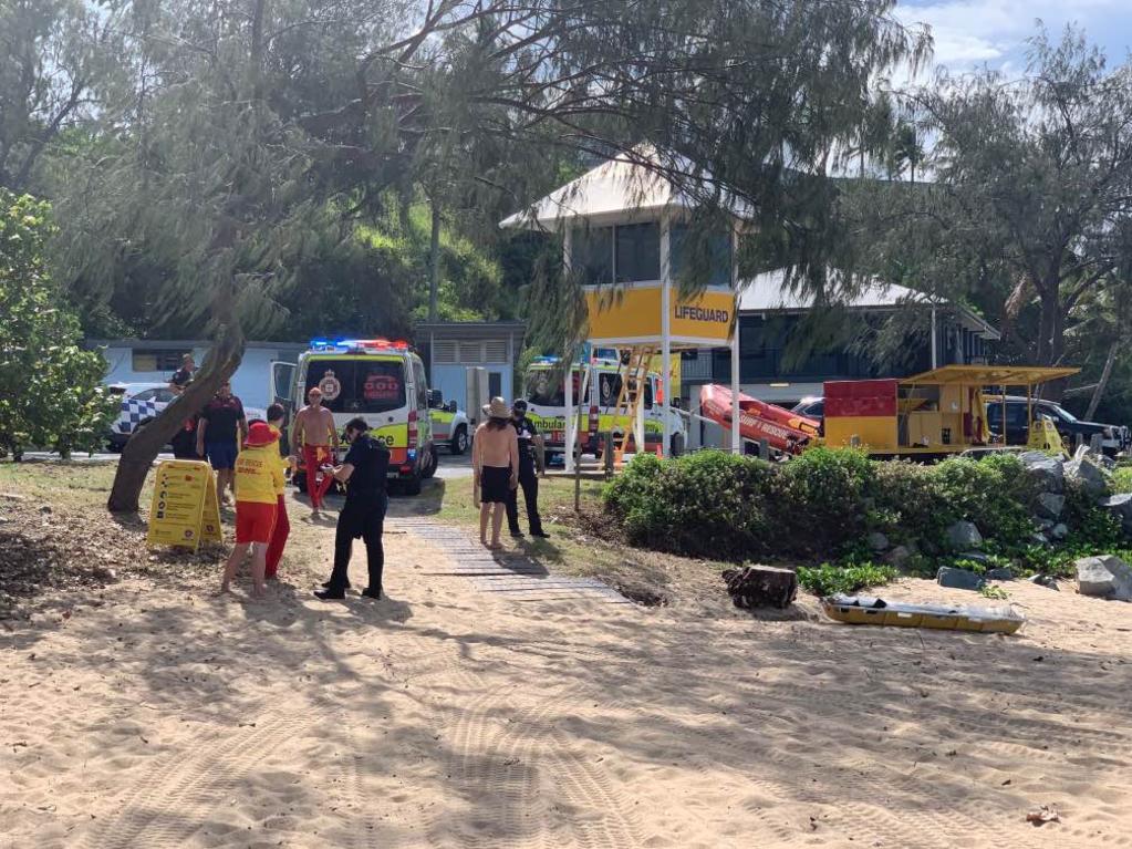 Paramedics and police are tending to a teenager that reportedly suffered a cardiac arrest after a box jellyfish sting at Eimeo Beach, February 26, 2022. Picture: Tara Miko