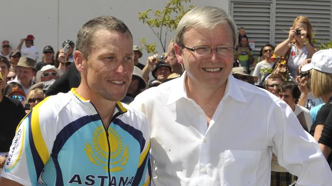 Everyone was excited by Armstrong’s participation in the TDU, including then Prime Minister Kevin Rudd. Picture: Campbell Brodie. 