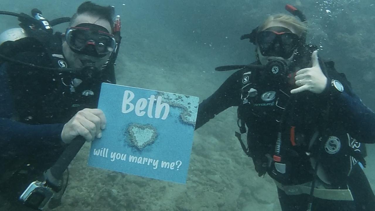 Theo Van De Pitte orchestrated the elaborate proposal for partner Beth Elliott knowing she is ‘happiest in, on or under the water’. Picture: Supplied