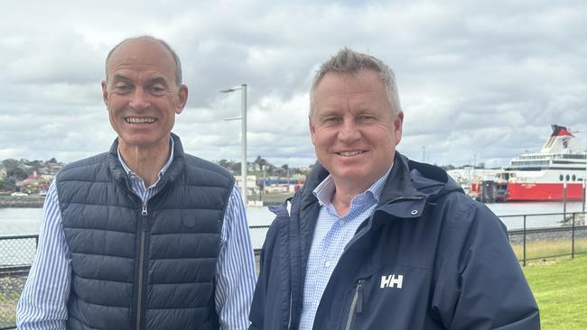 Energy Minister Guy Barnett and Premier Jeremy Rockliff announcing a new deal for the 1500MW Marinus Link undersea interconnector, September 3, 2023. Picture: Supplied