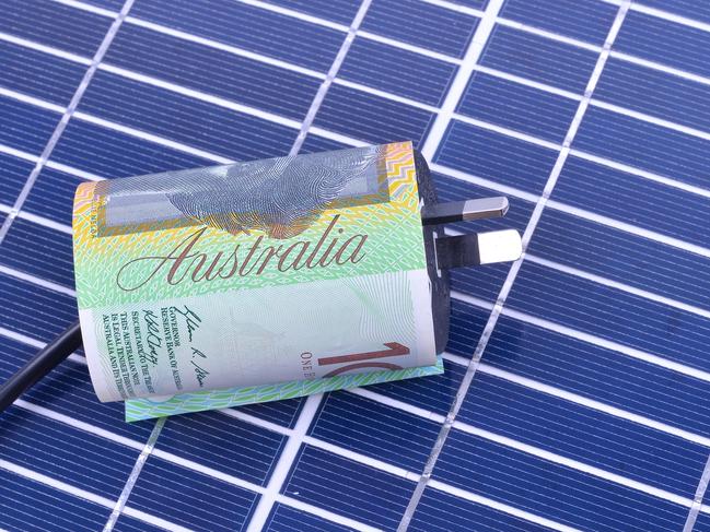 A hundred Australian dollar note with a power plug and solar panel. electricity energy generic money savings