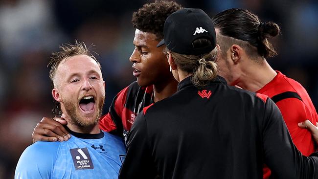 SYDNEY, AUSTRALIA - MAY 06: Rhyan Grant of Sydney FC celebrates in front of the Wanderers bench at full-time during the A-League Men's Elimination Final match between Western Sydney Wanderers and Sydney FC at CommBank Stadium, on May 06, 2023, in Sydney, Australia. (Photo by Brendon Thorne/Getty Images)