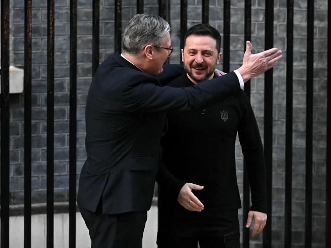 Britain’s Prime Minister Keir Starmer hugs Ukraine’s President Volodymyr Zelensky outside 10 Downing Street after he arrives to attend a bilateral meeting. Picture: AFP