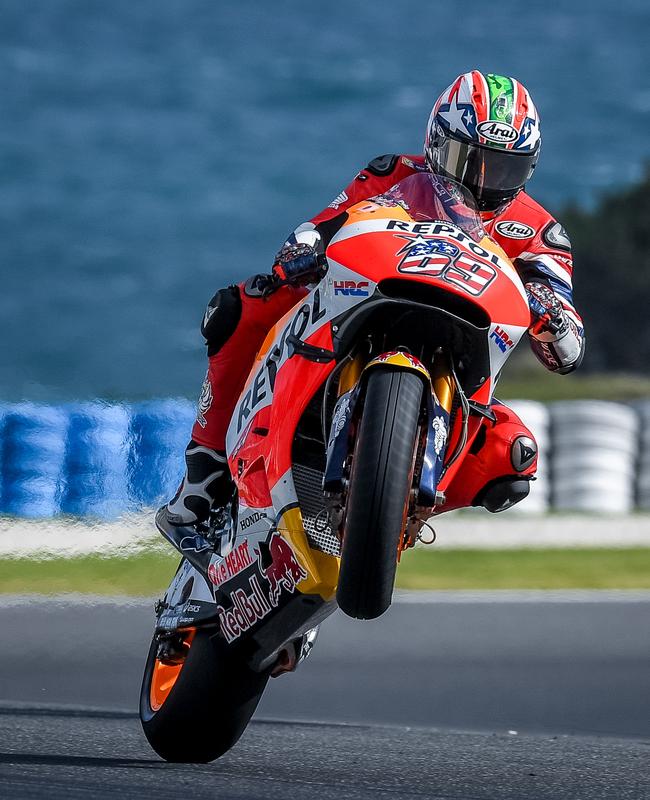 Hayden pulls a wheelie after qualifying at Phillip Island last year. Pic: Jake Nowakowski