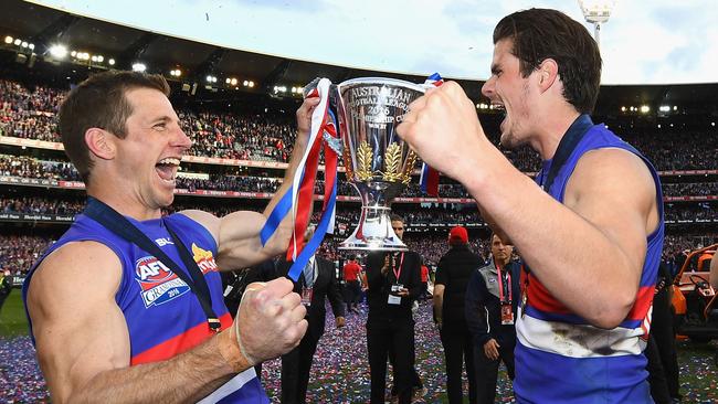 Dale Morris and Tom Boyd celebrate the 2016 premiership win.