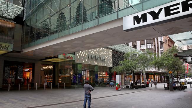 After a nationwide spending spree in November, the Sydney outbreak has kept shoppers home, with the Pitt Street mall almost deserted on Tuesday. Picture: Toby Zerna